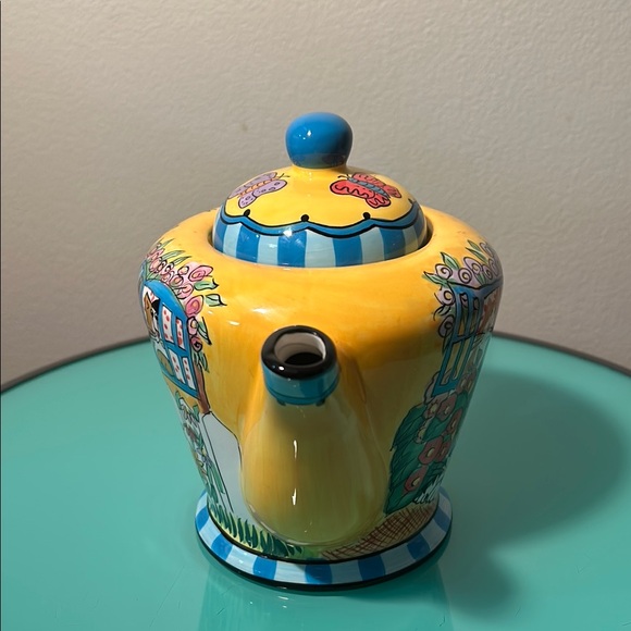 Vibrant Yellow and Blue Ceramic Teapot with Whimsical Designs - Picture 4 of 6